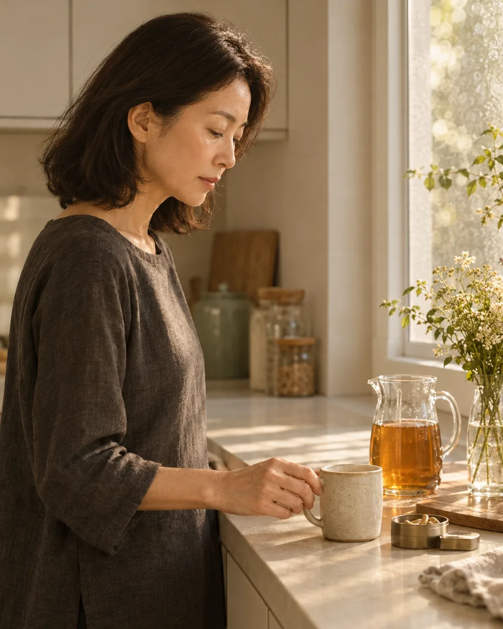 A woman in a charcoal top stands in profile beside barley tea and supplements in a quiet kitchen.