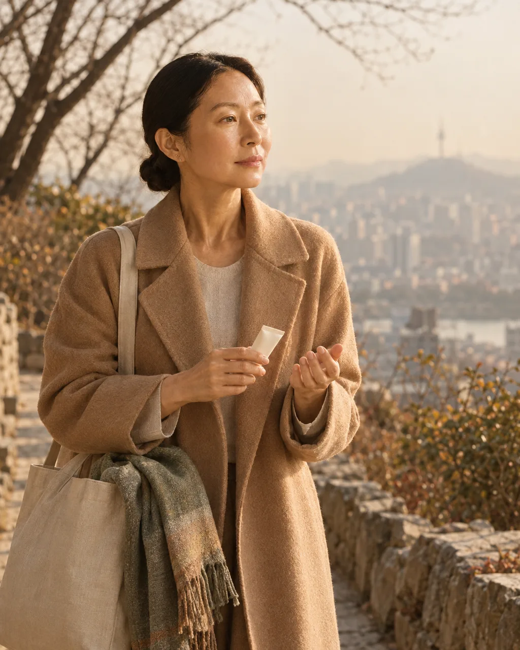 A woman in a camel coat stands on a Seoul hillside path and checks a sunscreen tube.