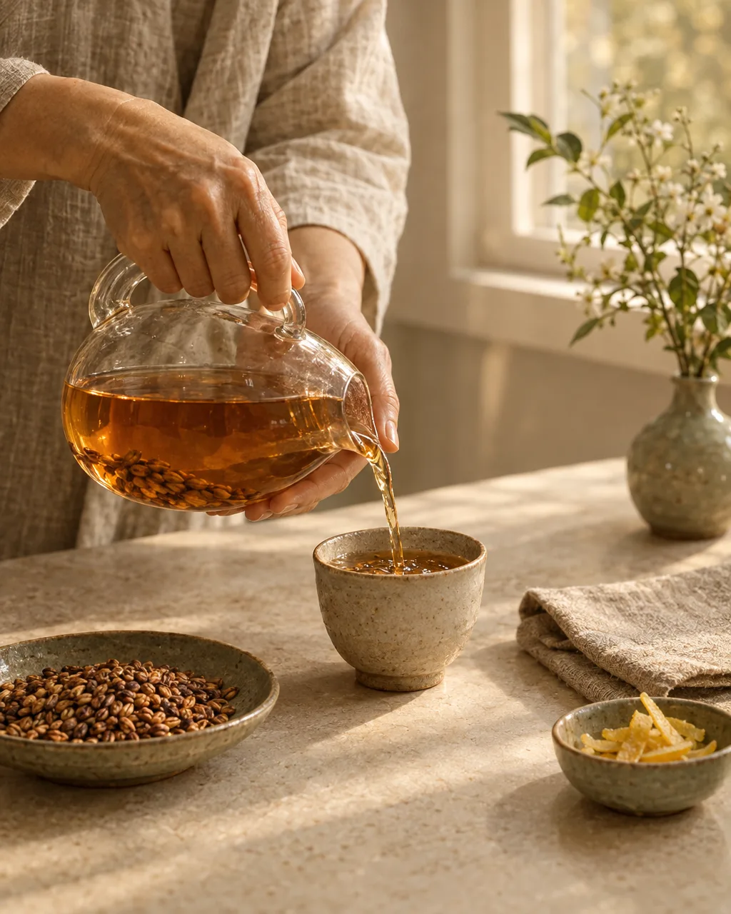 Hands pour barley tea into a ceramic cup beside tea ingredients.