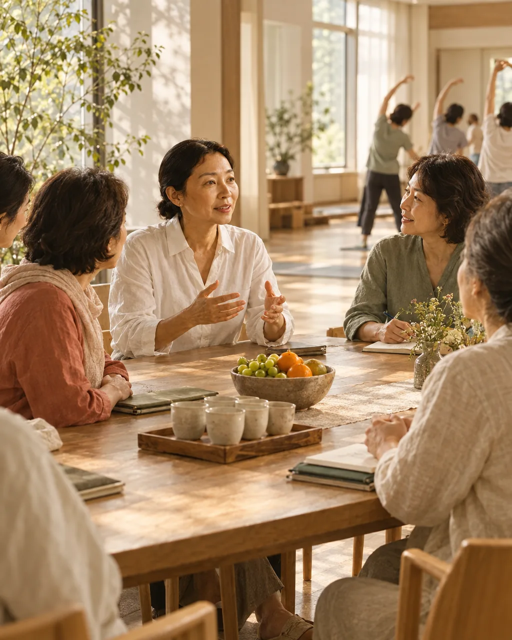 An older woman leads a small conversation group inside a busy senior welfare center.