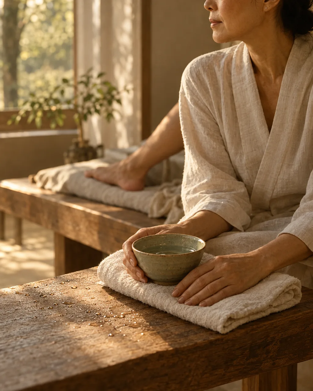 Hands resting on a towel beside a small bowl of water in a sauna.