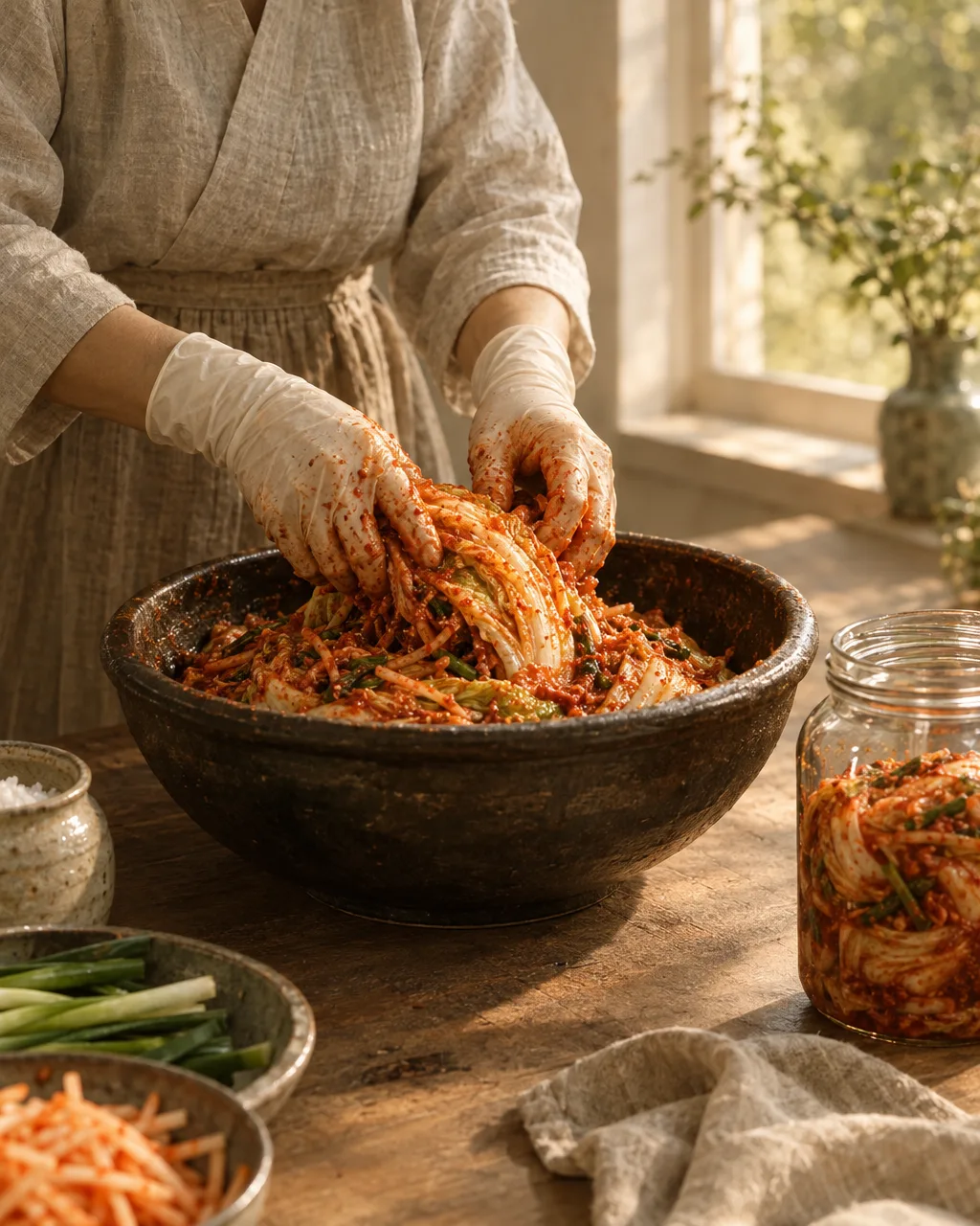Gloved hands mix red kimchi paste with softened cabbage in a bowl next to an open jar.