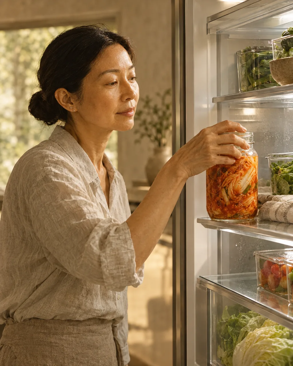 An adult hand reaches into a refrigerator to lift a jar of kimchi from a shelf.
