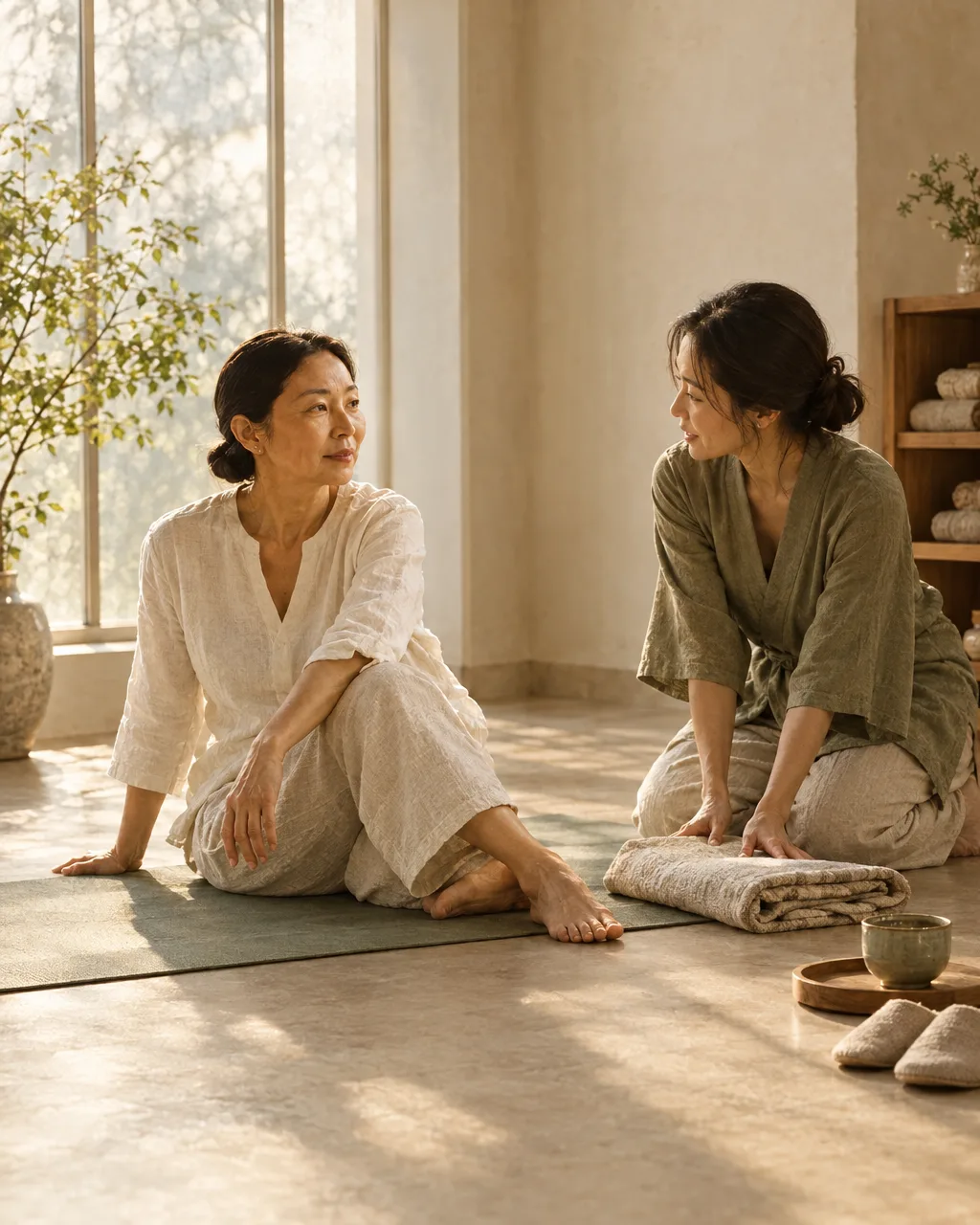Two women talk quietly in a wellness studio after a stretch.