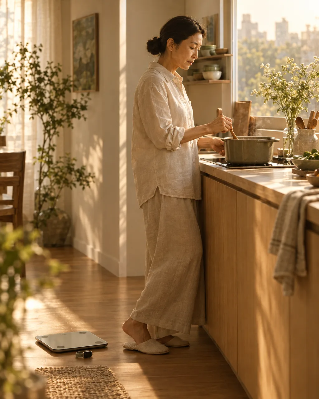 An adult woman stands in a kitchen while cooking beside a scale and a wrist tracker.