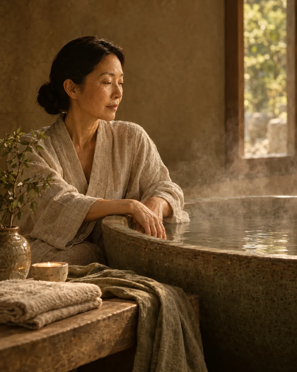 A warm bath setup with a candle, towel, robe, and relaxed hands at the edge of the tub.