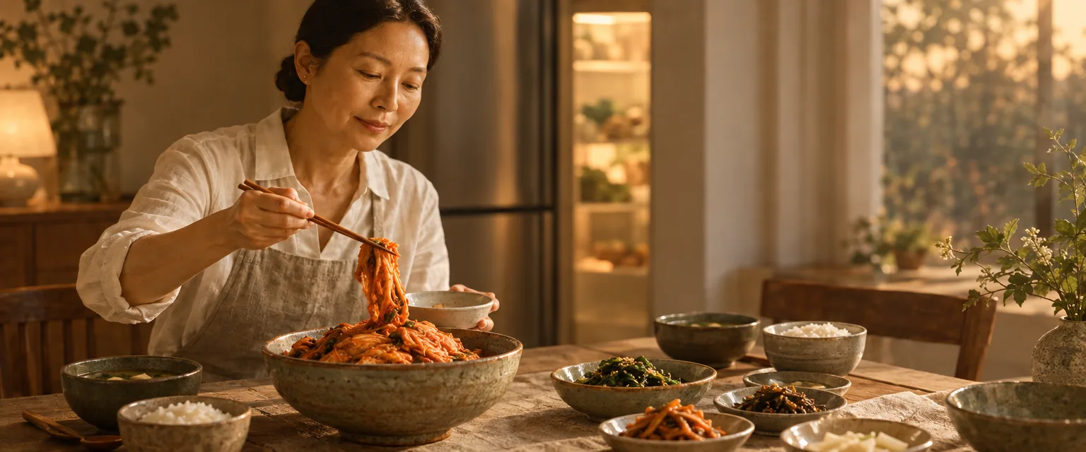 A woman serves kimchi beside a Korean meal on a home kitchen table.