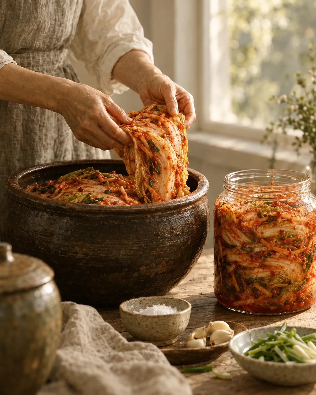 Hands lift a cabbage leaf from an open jar of kimchi on a wooden counter.