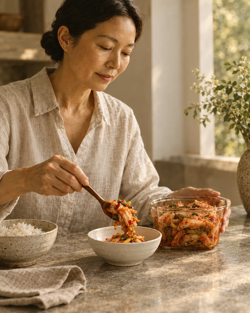 Hands spoon a small portion of kimchi into a white bowl beside rice.