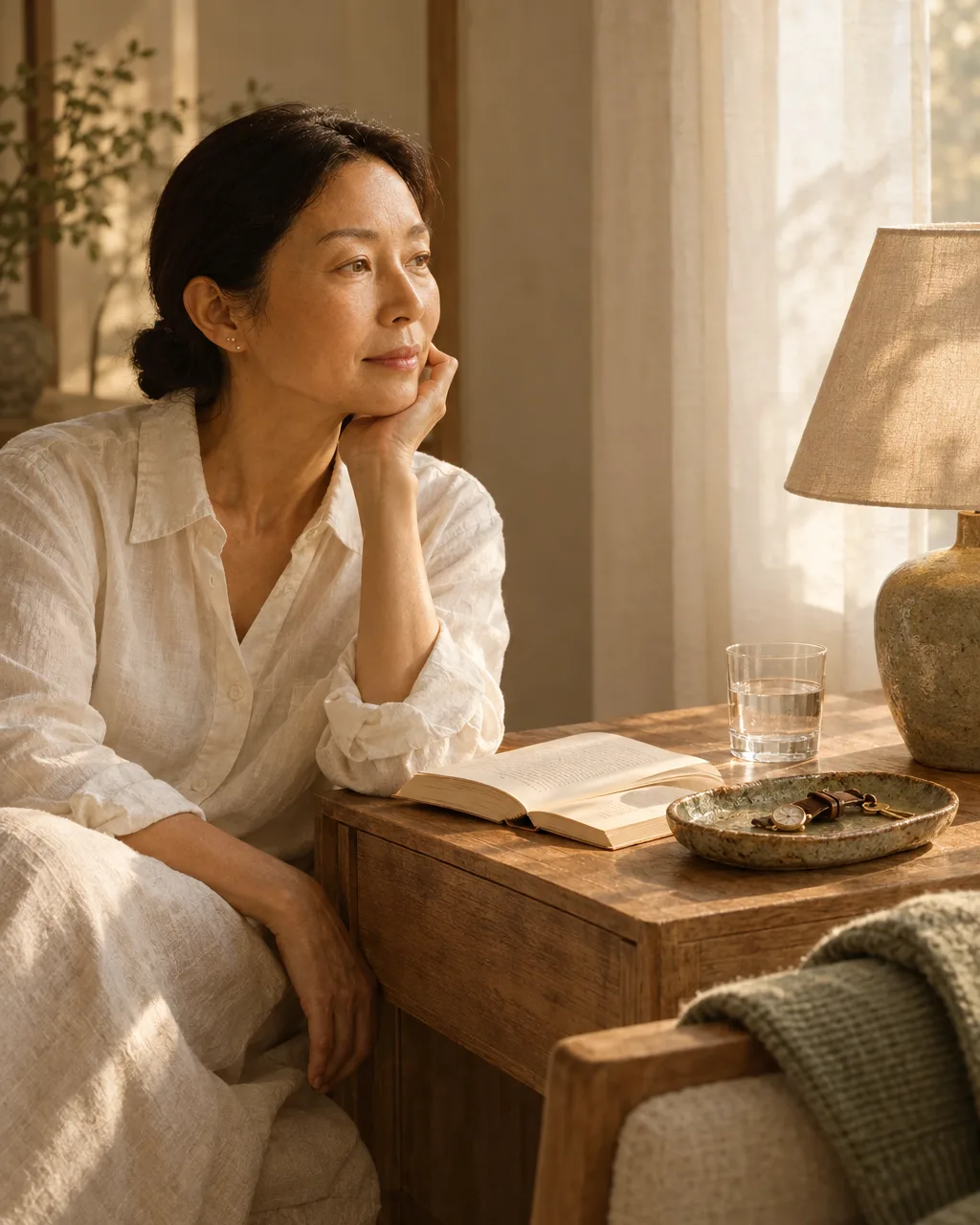 A bedside table holds a lamp, a book, water, and a ceramic tray.