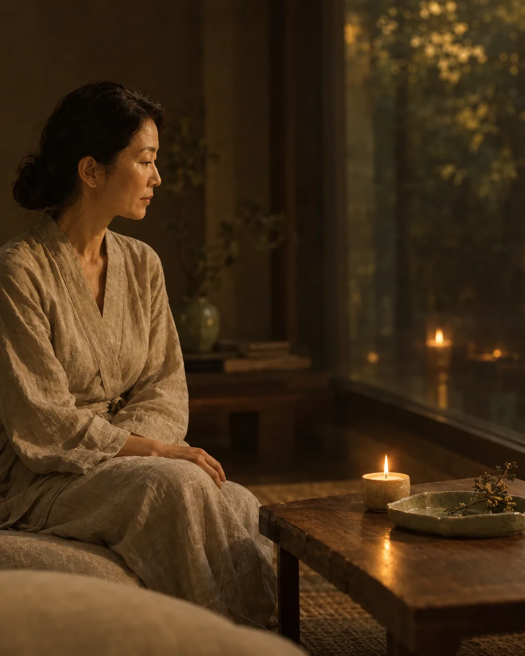 A single candle burns on a table beside a window in a quiet room.