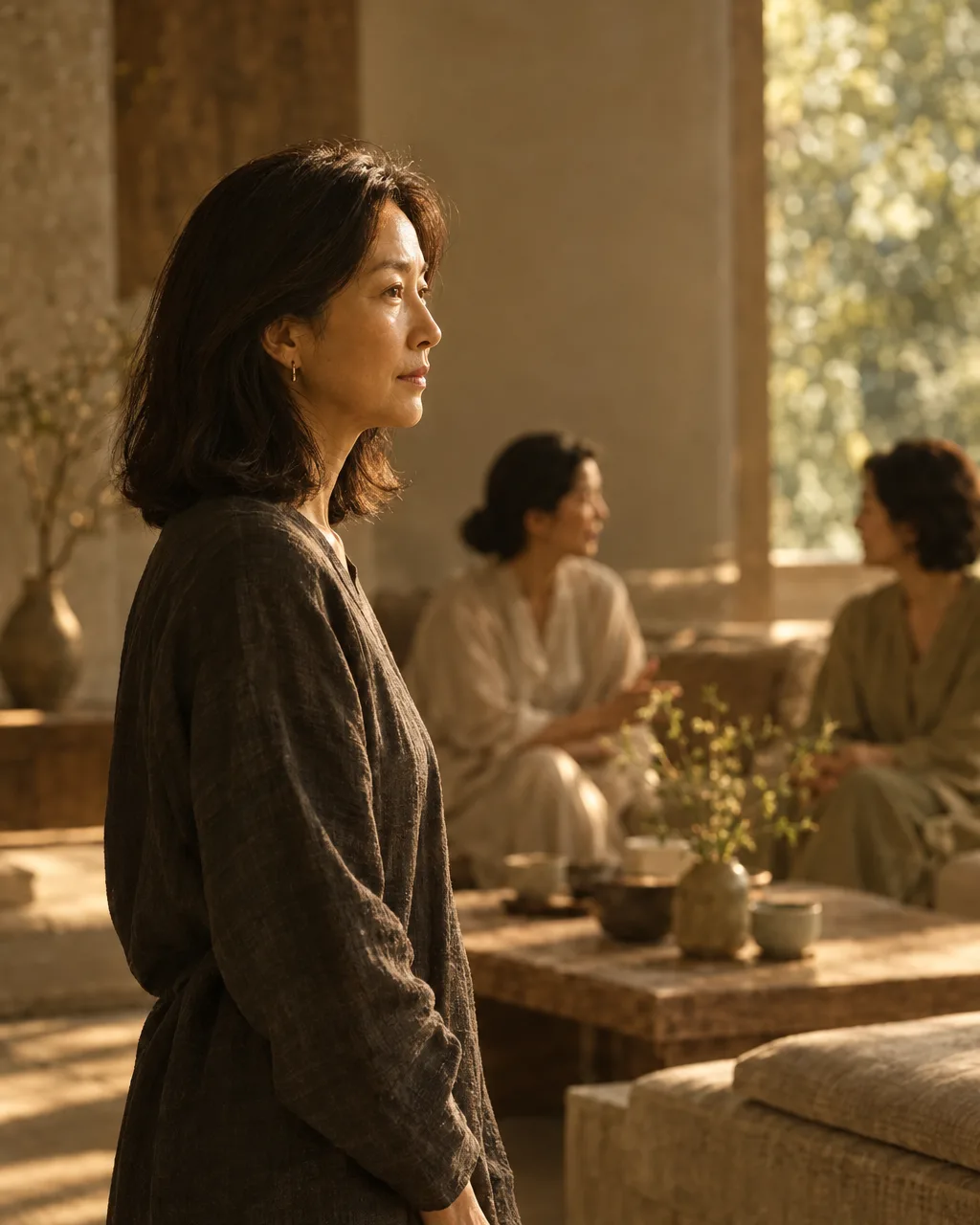 Side-view of a woman in a charcoal top pausing in a quiet social setting.