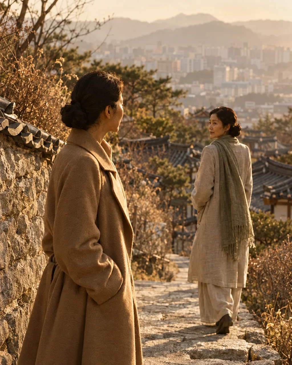 Two women pause on a hillside path in Seoul, one watching the other walk ahead.