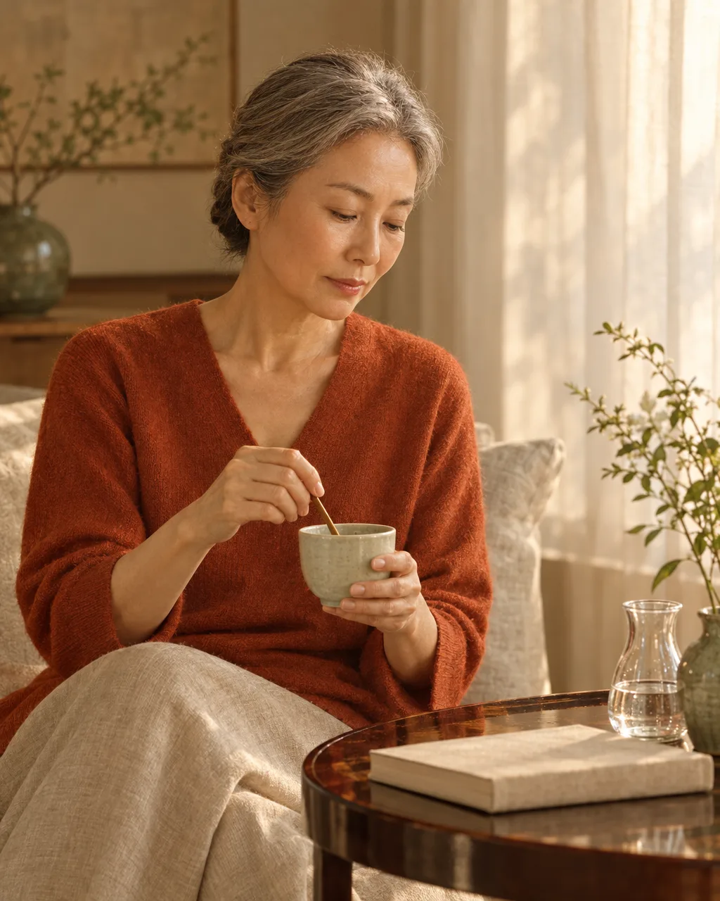 A silver-haired woman in a persimmon knit stirs a drink in a quiet sitting room.