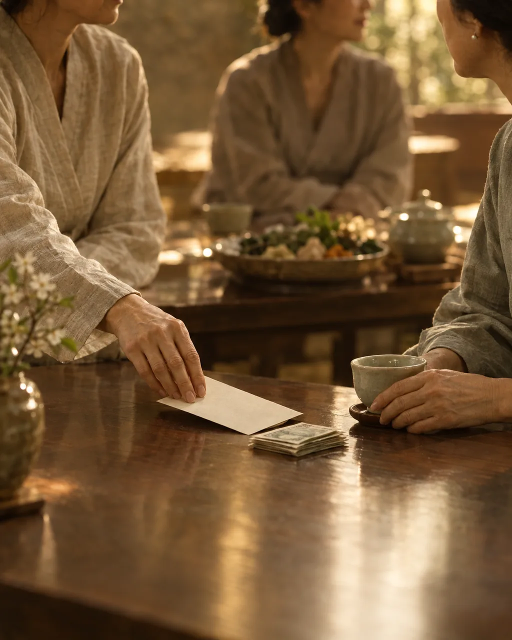 Two women’s hands place an envelope and folded cash beside a teacup on a table.