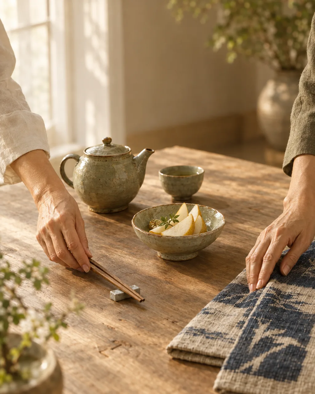 Hands arrange fruit, ceramics, and a folded textile in soft morning light.