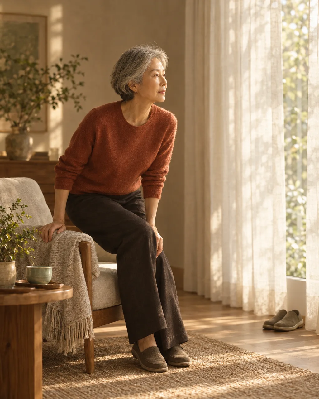 A woman in her early 60s with short silver hair rises from a chair in a calm sitting room.