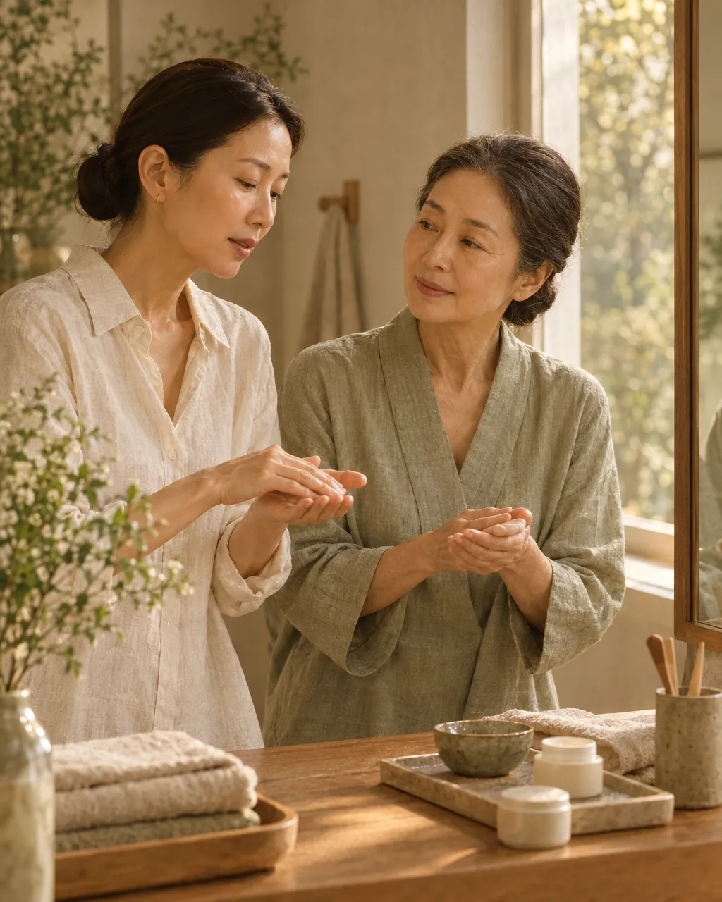 Two women talking beside a bathroom vanity while preparing a simple skincare routine.