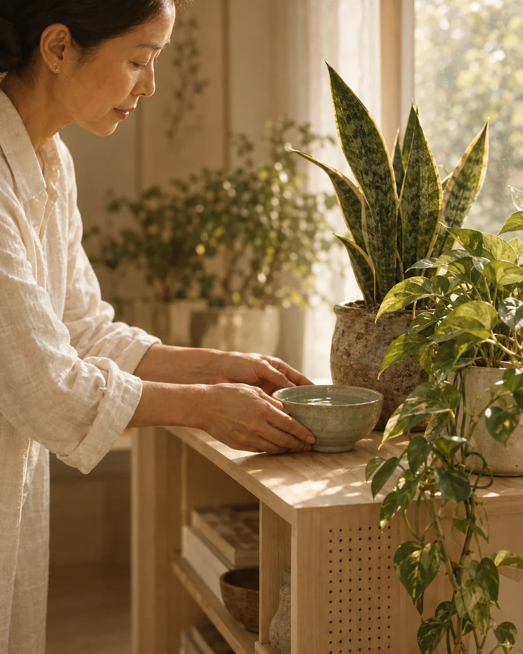 Adult hands place a ceramic bowl beside indoor plants on a shelf with discreet ventilation.