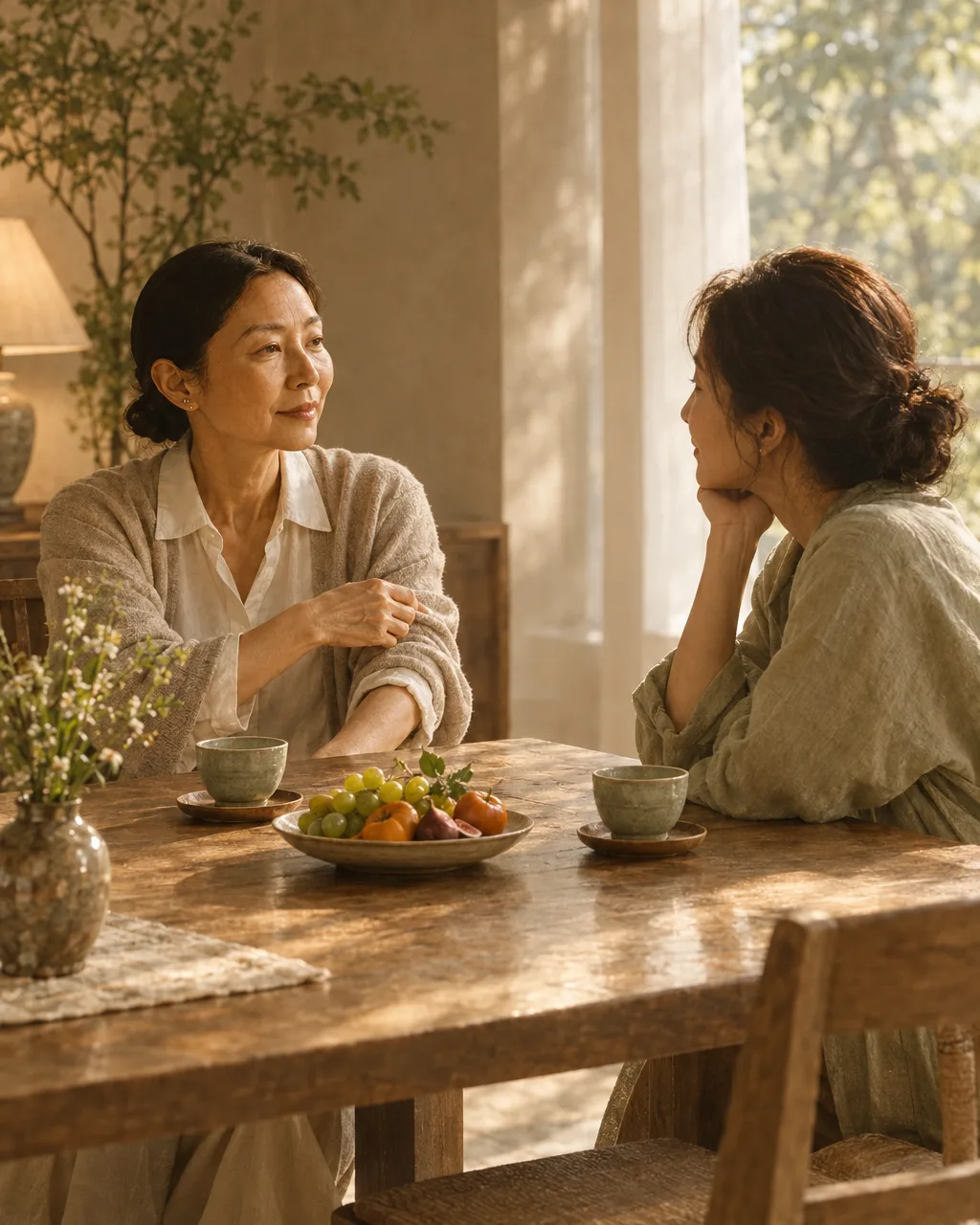 Two women share a quiet dinner table moment with fruit and tea.