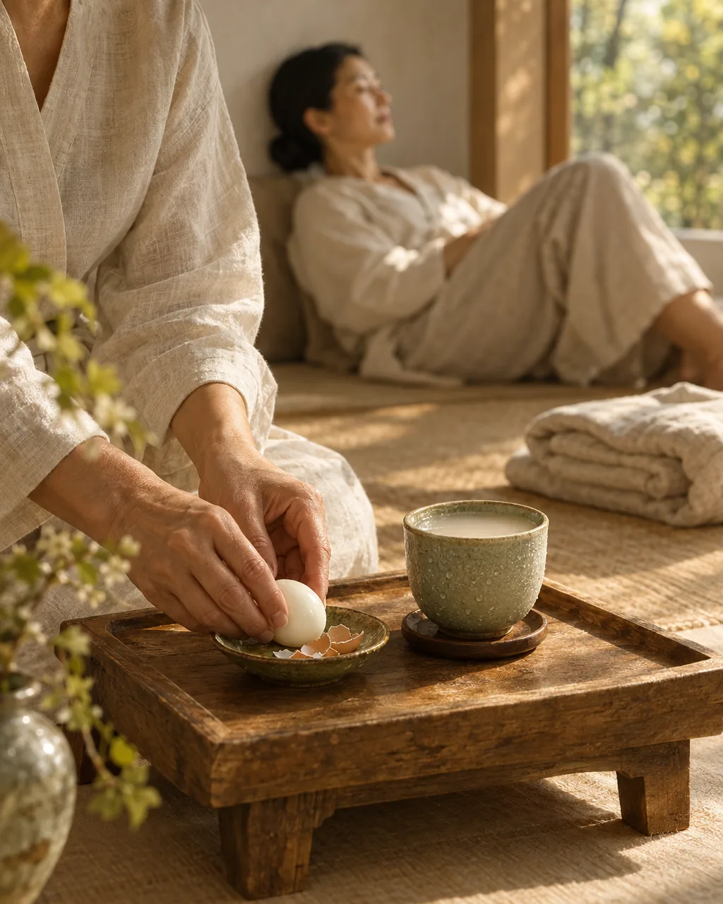 Hands set a snack tray with a boiled egg and rice drink beside a resting mat.