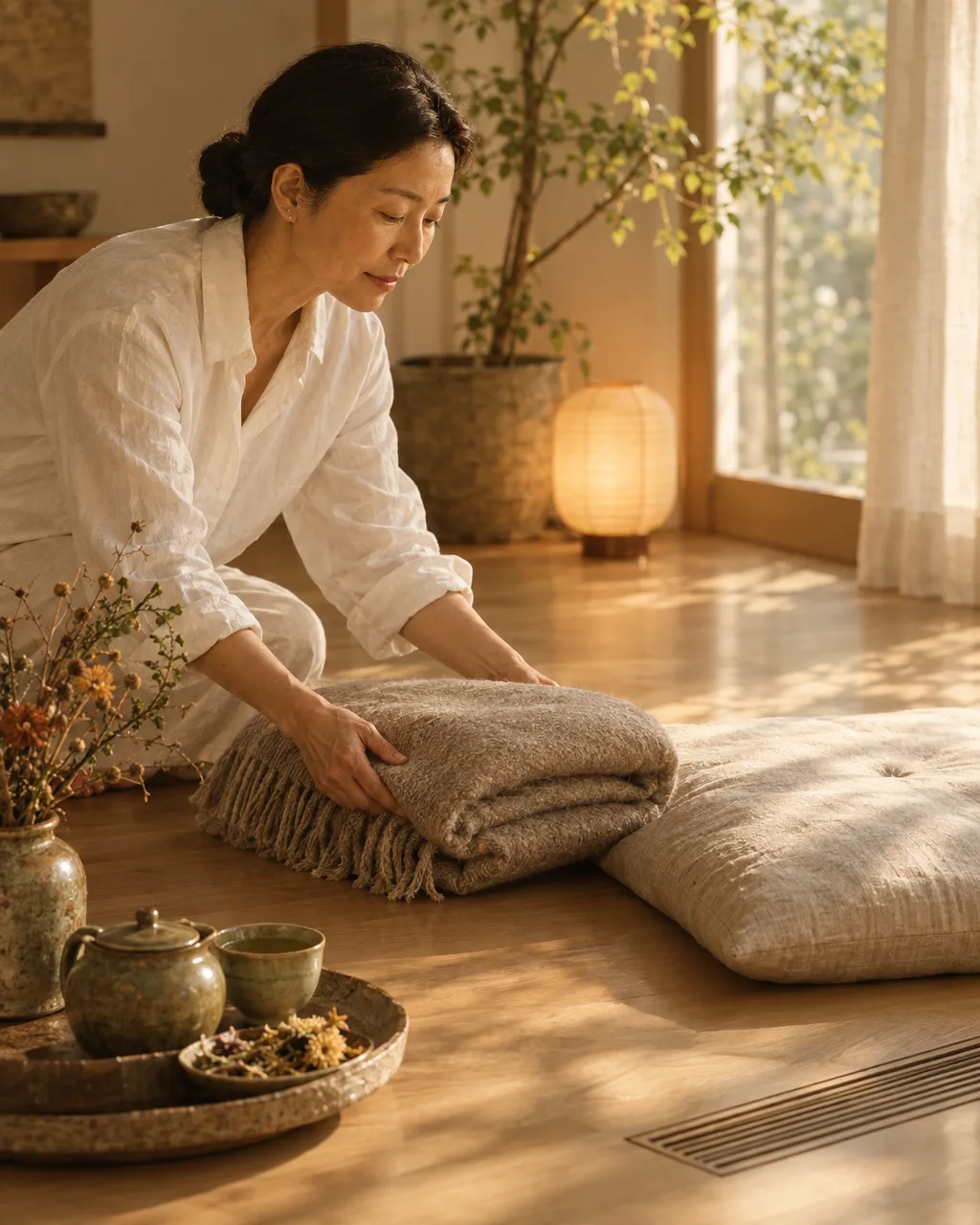 Hands arrange a blanket and tea beside a glowing lamp in a calm living room.