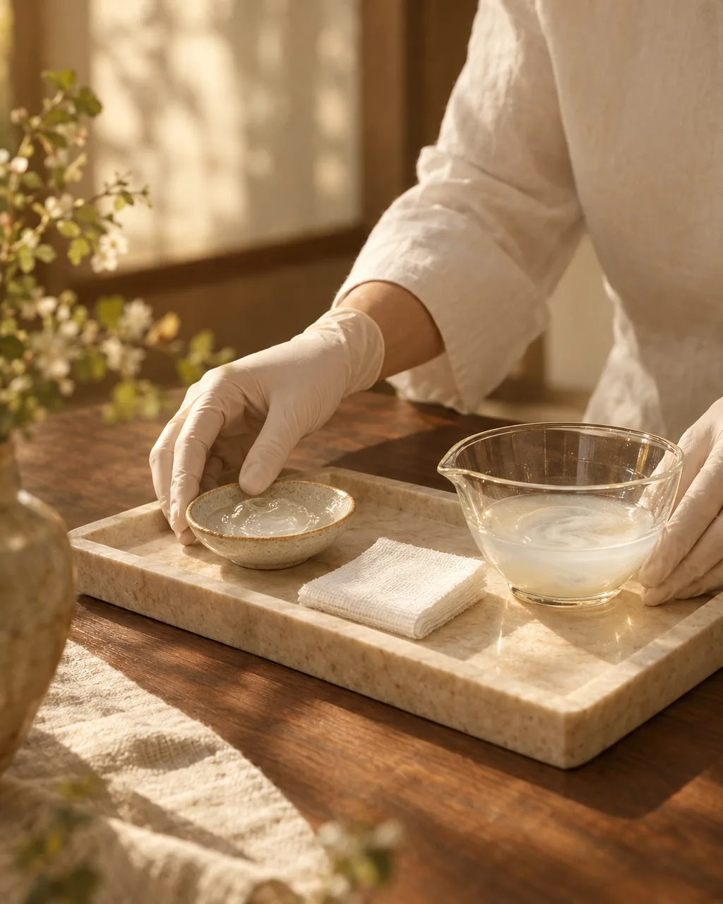 Gloved hands arrange treatment materials on a tray beside a ceramic dish and glass vessel.