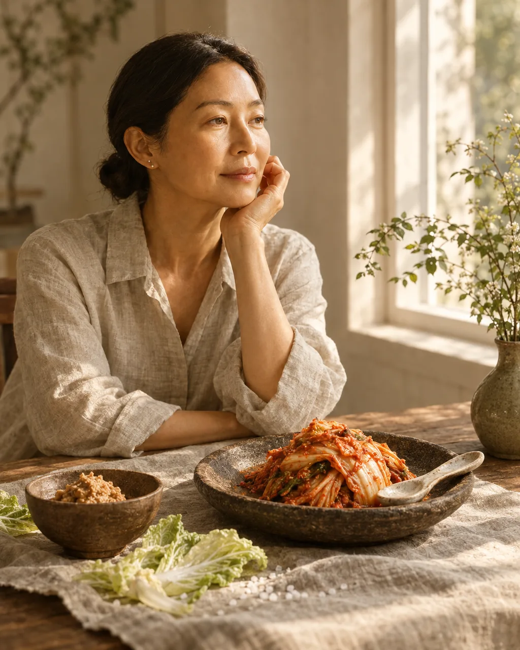 Still life of kimchi, soybean paste, and salt on linen and stone.