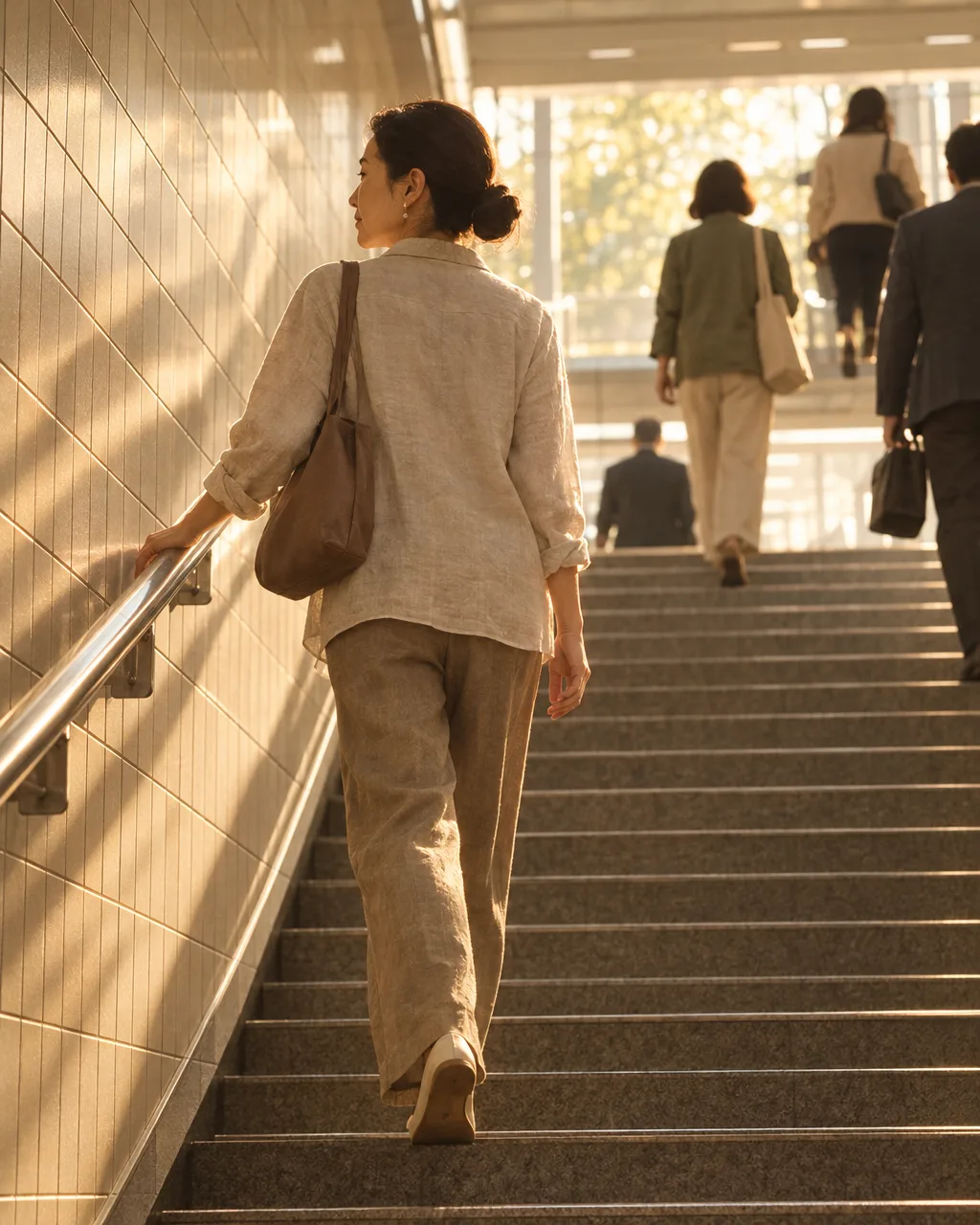 A woman climbs subway stairs in Seoul as part of her daily commute.