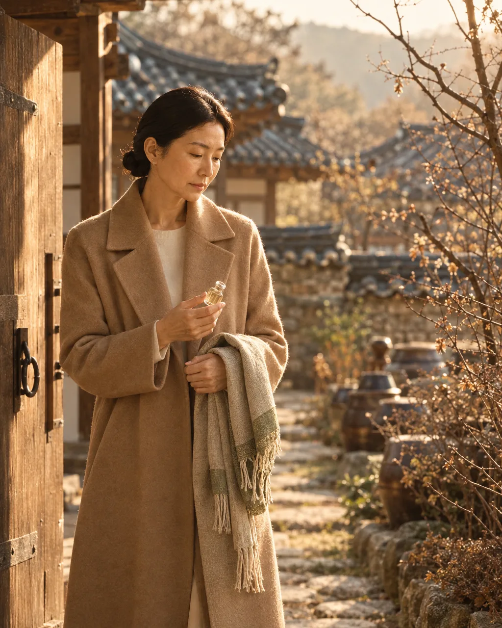 A woman in a camel coat stands in a Seoul hanok courtyard in soft winter light.