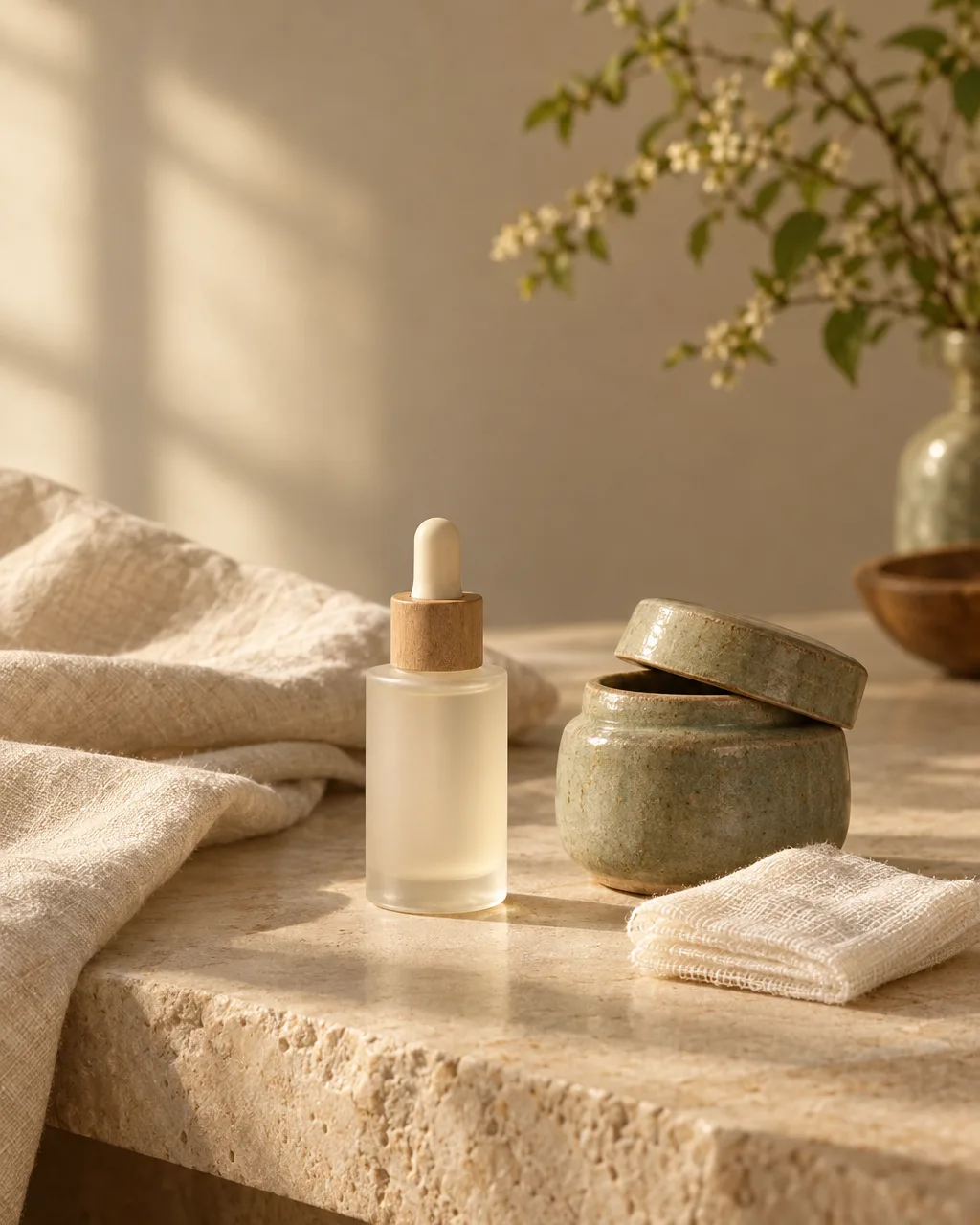 A still life of skincare objects on stone and linen in soft morning light.