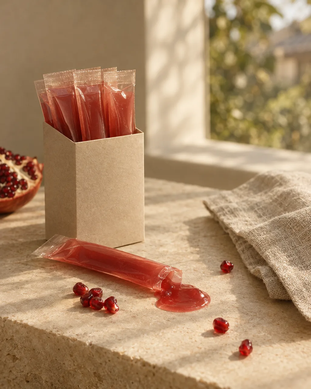 A still life of jelly collagen sticks on stone with pomegranate arils and linen.