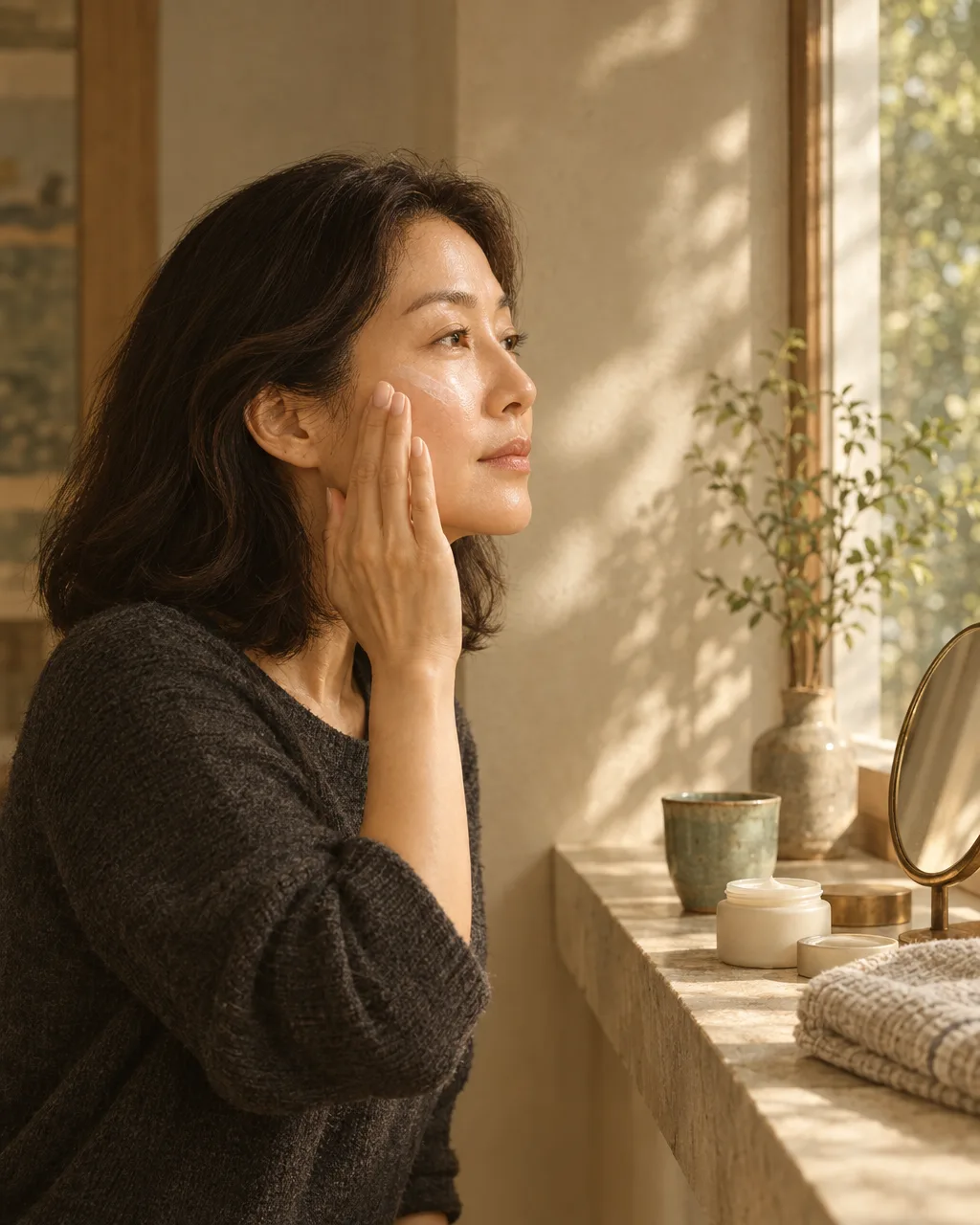 A late-40s woman applies sunscreen by a window in side profile.