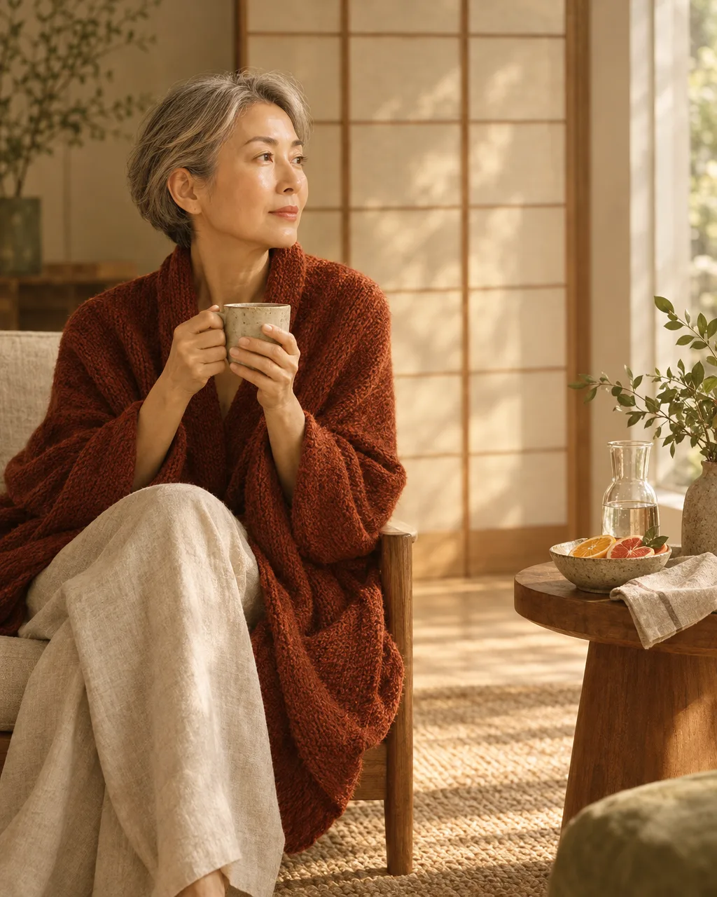 An older woman in a rust sweater rests in a sunlit sitting room with a mug and citrus nearby.